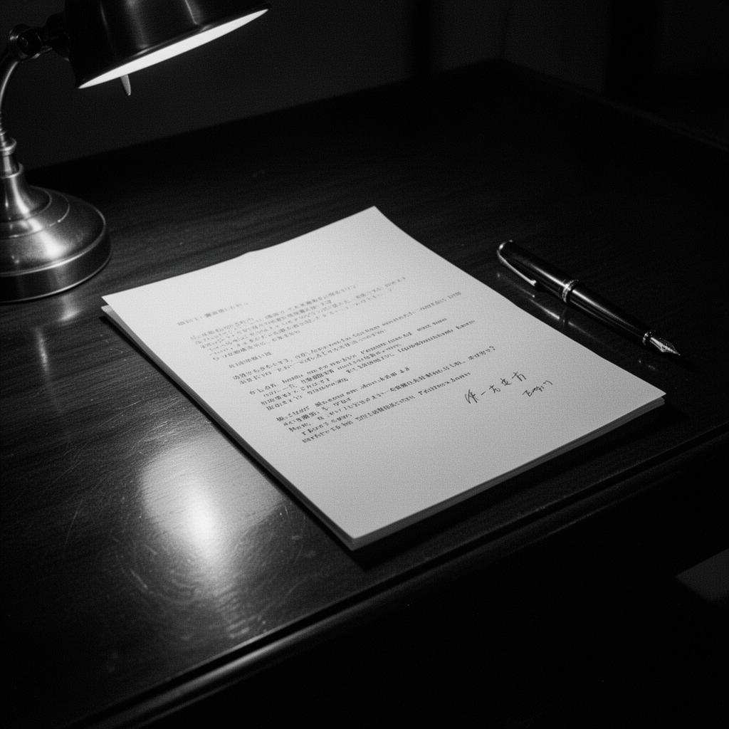 Mémo manuscrit sur un bureau sombre, lampe en laiton